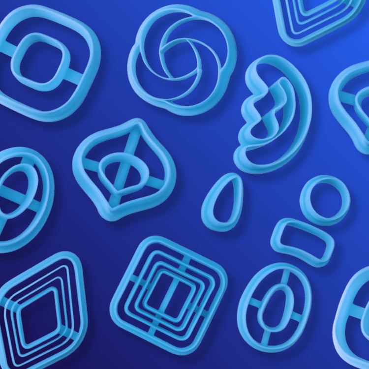 "Modern-style blue polymer clay cutters in abstract and geometric shapes like ovals, squares, teardrops, florals, and layered patterns. Arranged on a vibrant blue gradient background.