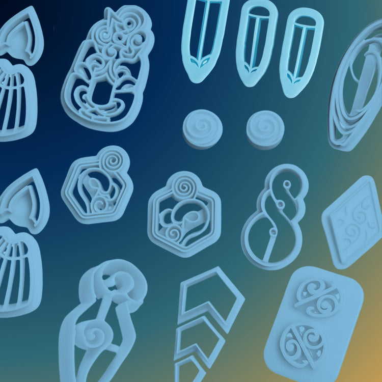Blue polymer clay cutters from a Kiwiana-themed collection, featuring intricate shapes inspired by Māori motifs, koru swirls, native flora, and cultural icons. Displayed on a blue to gold gradient background.