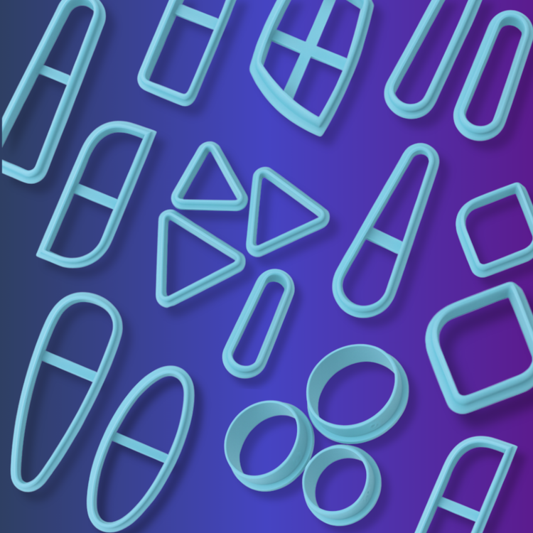 Blue polymer clay cutters in various geometric shapes like triangles, ovals, rectangles, and squares, arranged neatly on a blue to purple gradient background. Some shapes have inner dividers.