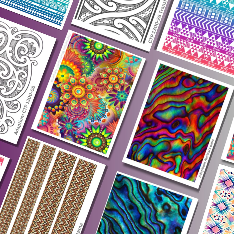A collection of colorful clay transfer papers displayed on a purple gradient background. The sheets feature a variety of intricate patterns including mandalas, geometric designs, abstract swirls, and textured prints, arranged neatly and slightly slanted.
