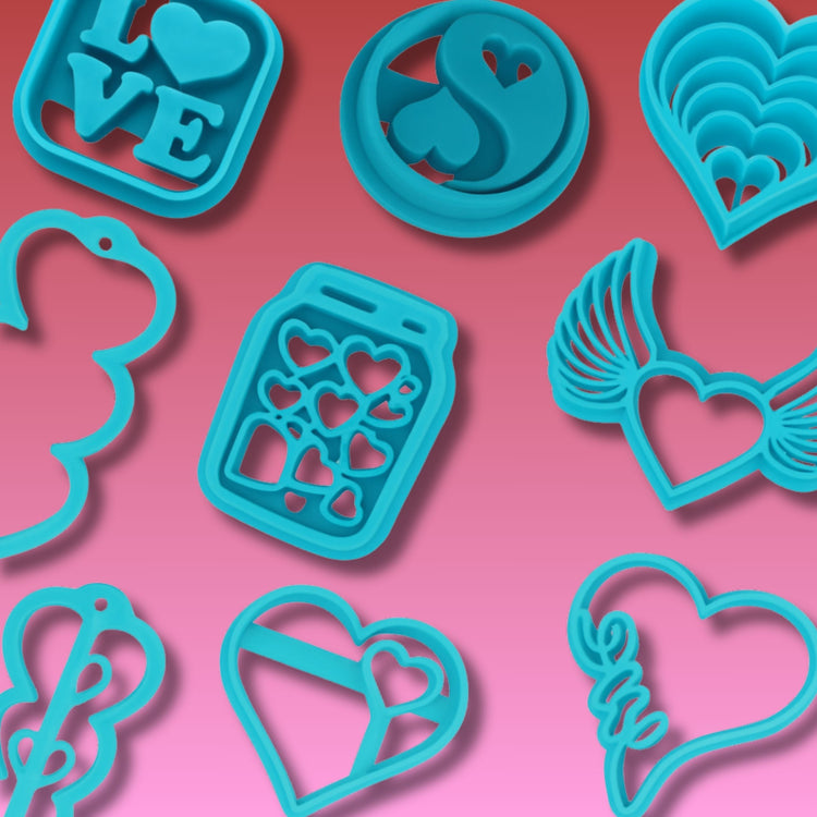 Valentine-themed blue polymer clay cutters featuring hearts, love text, wings, a jar of hearts, and romantic symbols. Arranged on a red to pink gradient background.