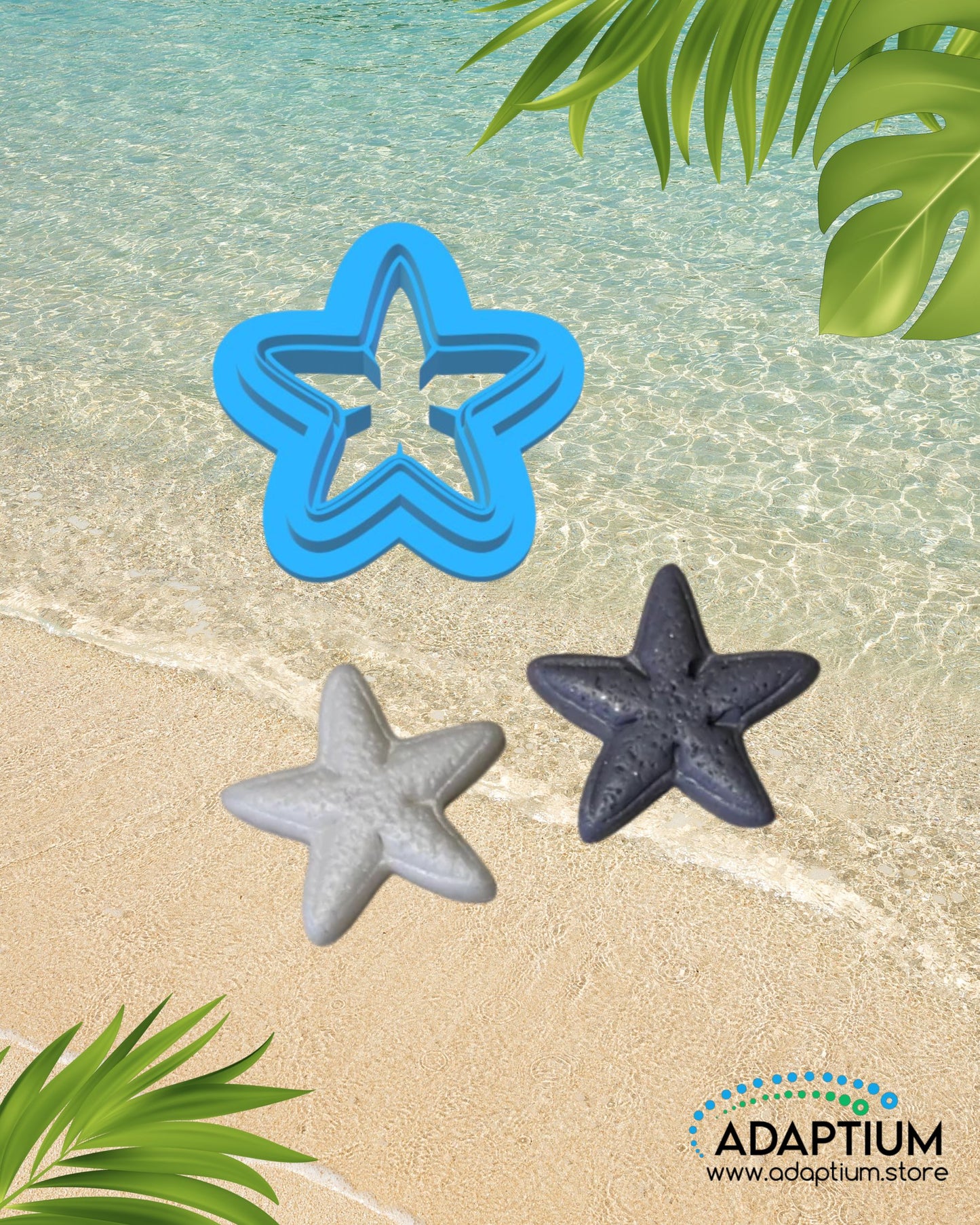 Starfish shaped polymer clay cutter with clay samples colored gray and white placed on sandy beach background with ocean water and tropical leaves.