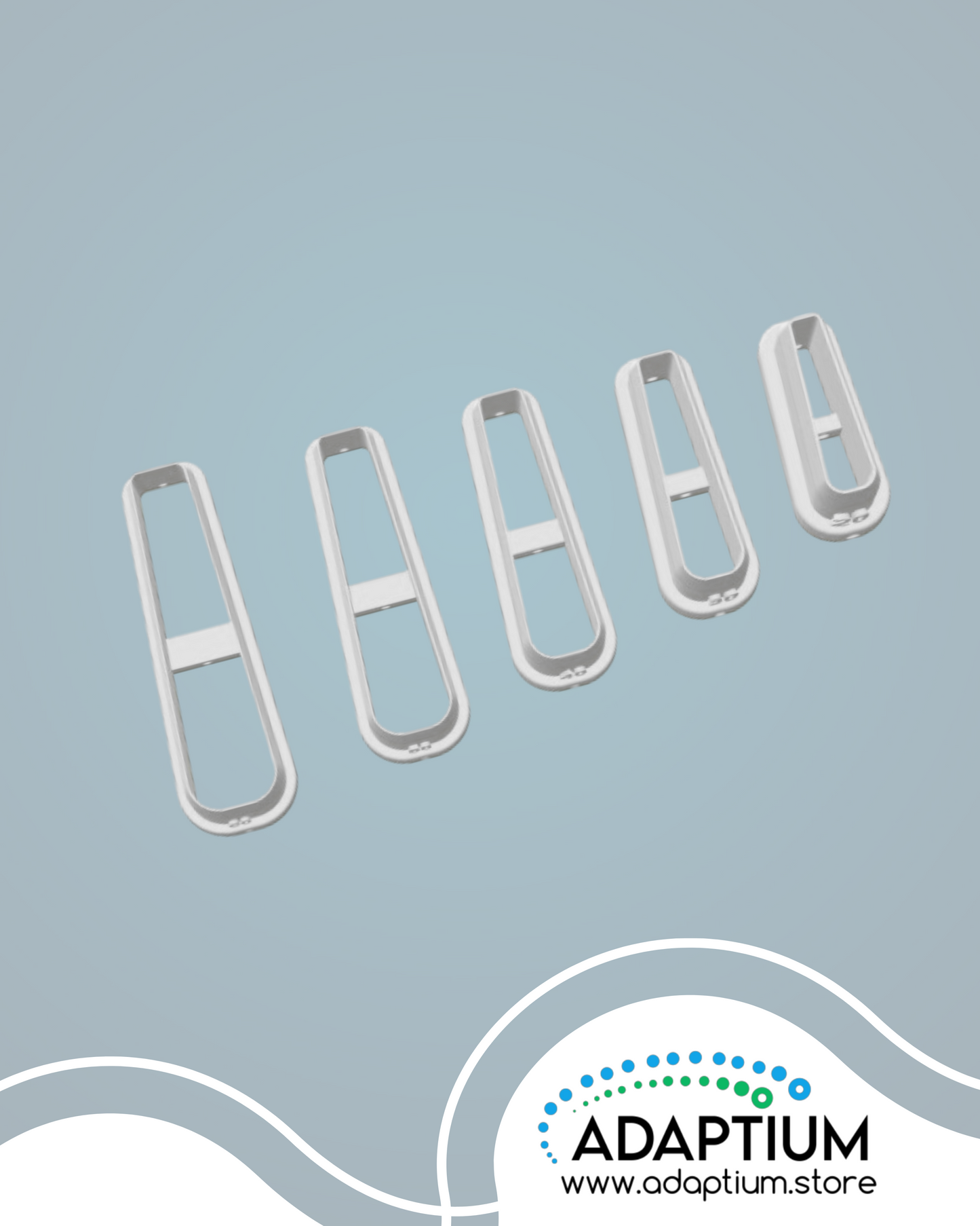 Set of five elongated rectangular polymer clay cutters in white, arranged from largest to smallest, displayed on a light grey background with the Adaptum logo at the bottom right.