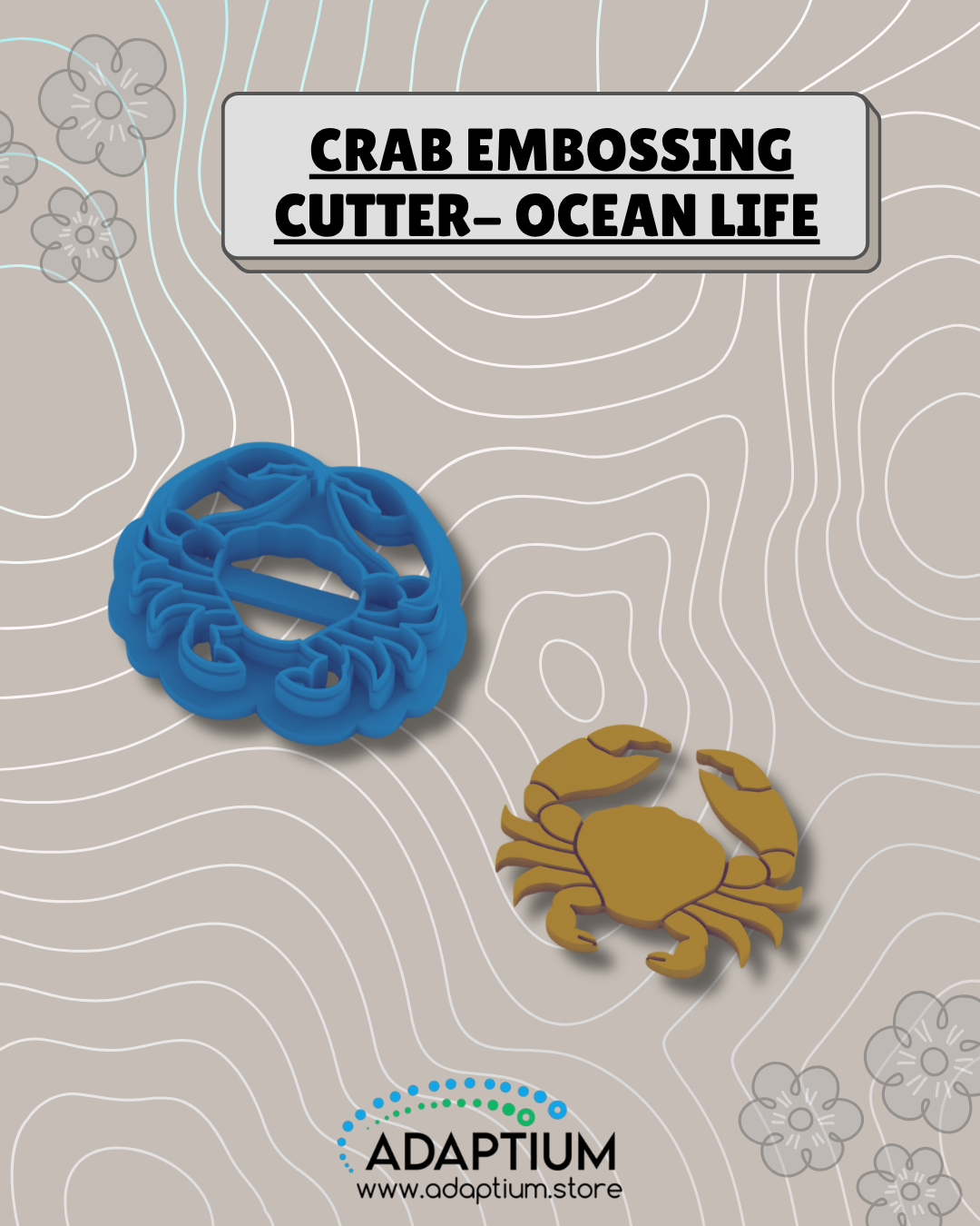 Blue resin crab embossing cutter beside a golden clay crab with raised claws and detailed legs.