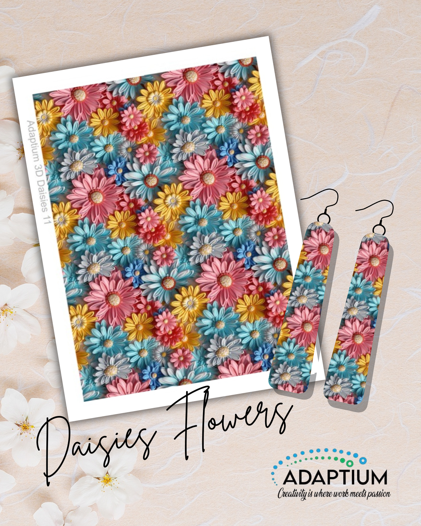 Clay transfer paper with a print of pink, blue, and yellow Daisies with a mock photo of an earring with the Diasies Flowers print