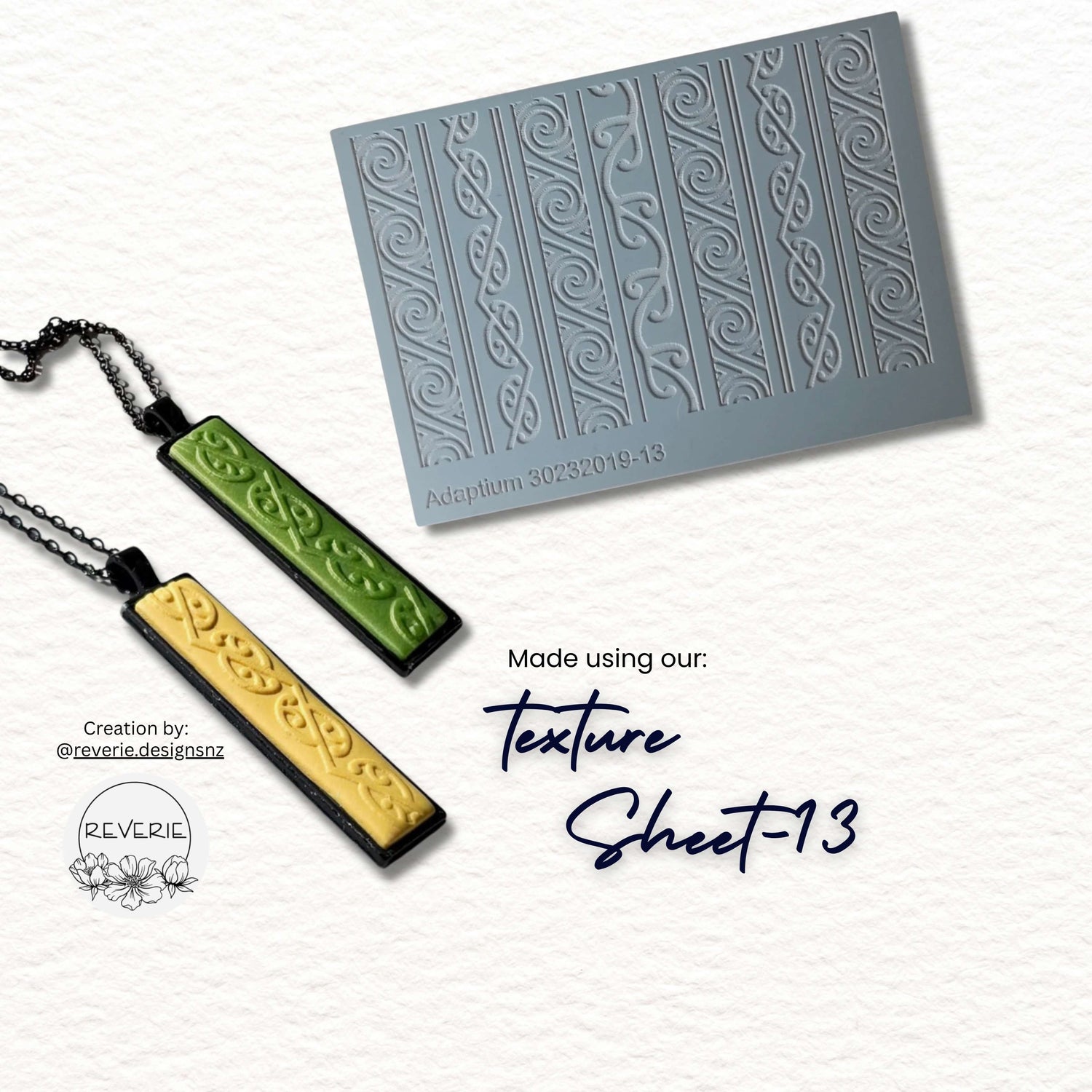 Polymer clay necklace featuring a Māori-inspired texture, created using our Texture Sheet 13.