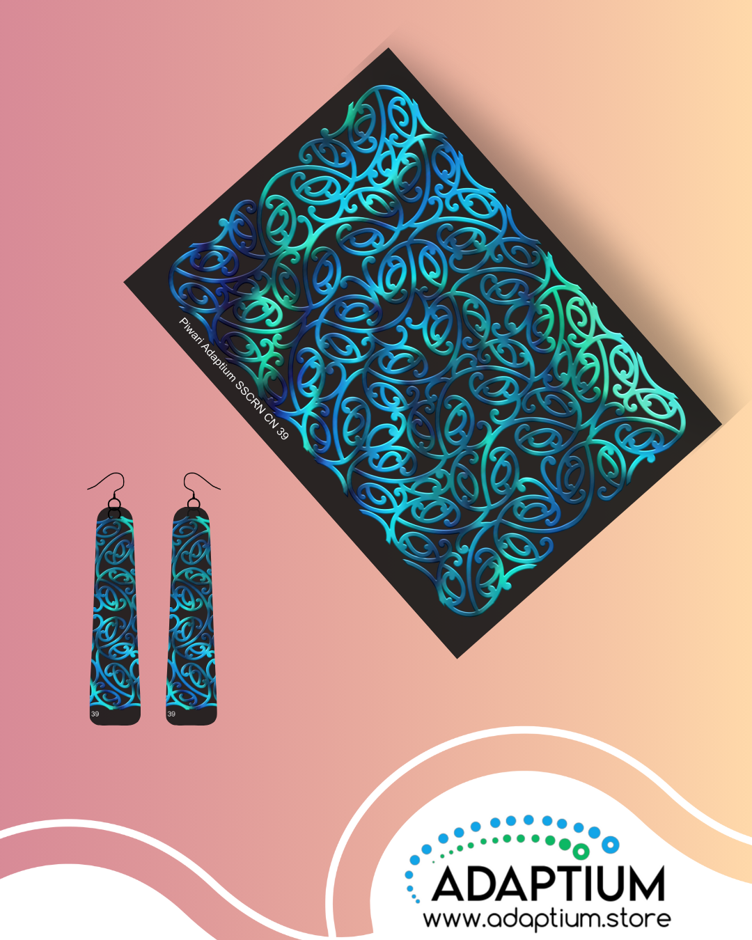 how a silkscreen has been used showing a paua coloured Māori kowhaiwhai design of flowing koru on a black clay slab with earrings a finished product