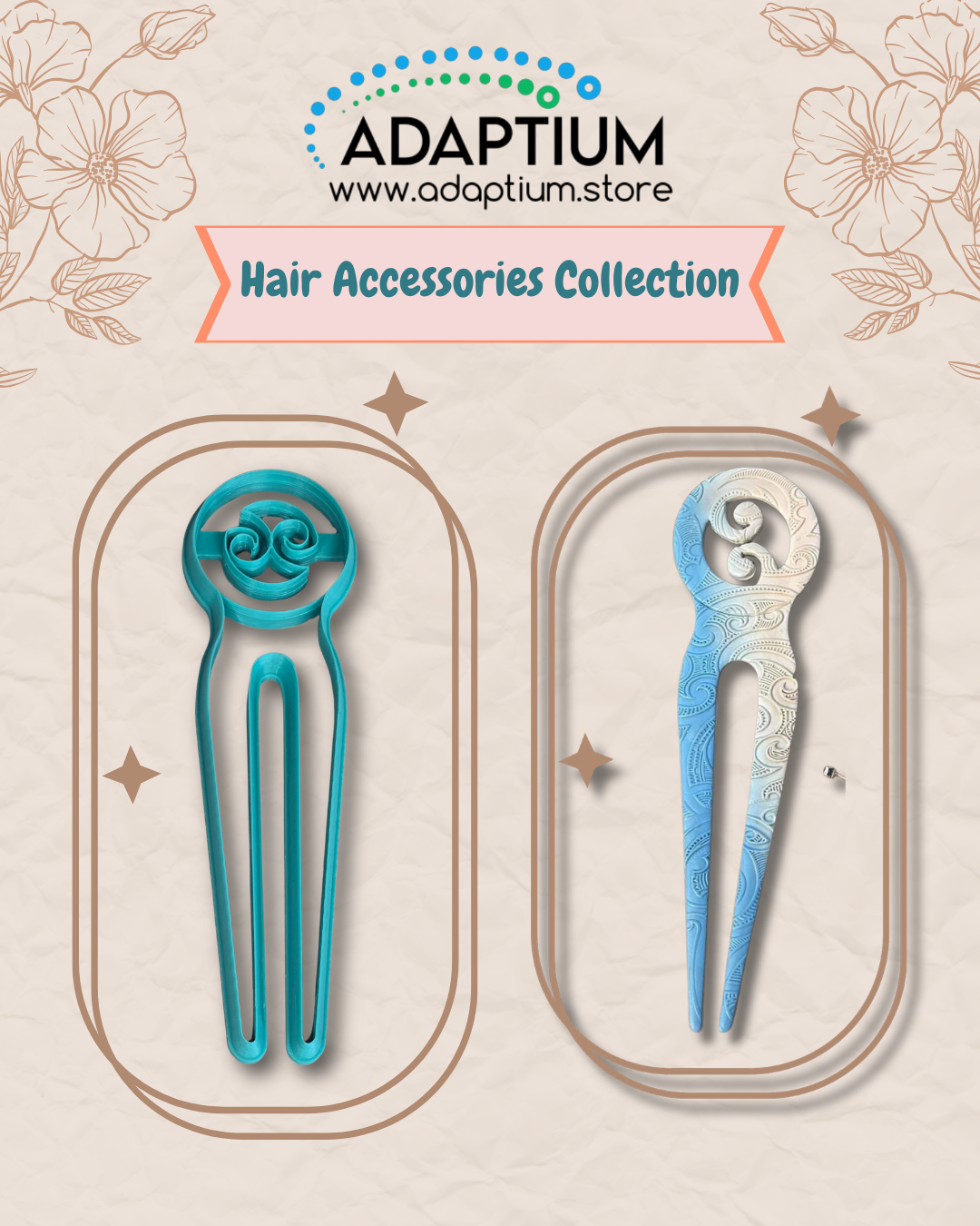 decorative hair combs, green one is a cutter and white & blue blended one is the end result on polymer clay, on a beige background in a clear display case and Adaptium branding.