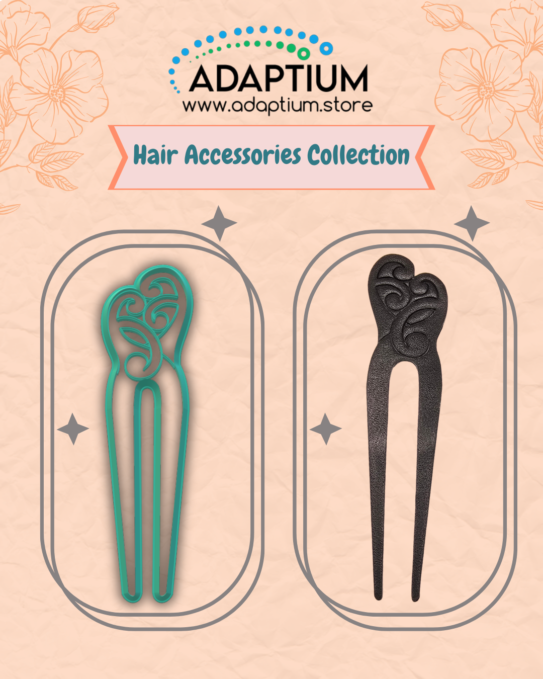 Two hair accessories, one green polymer clay cutter and one black clay cut out, on a beige background with 'Adaptium' branding.