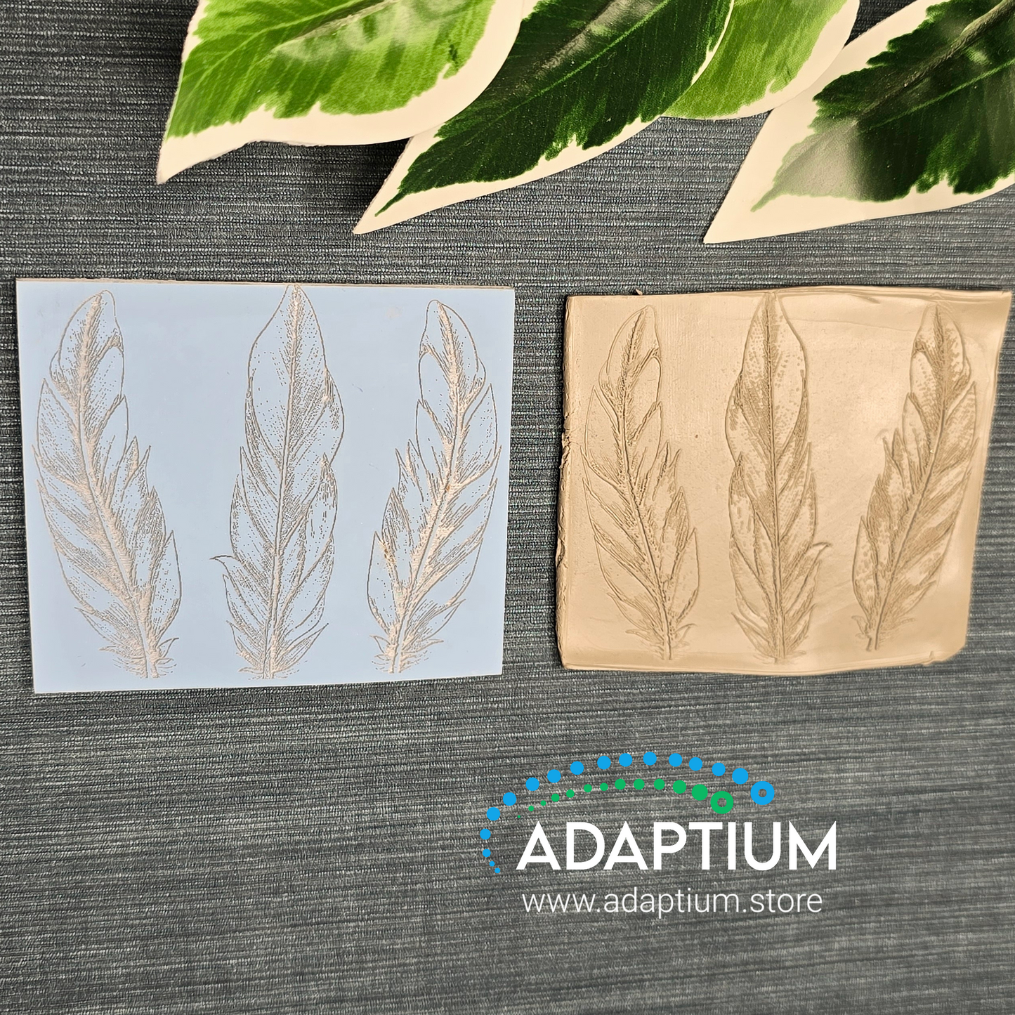 3 detailed feathers on a blue texture sheet. 1 curved feather has a mirrored image and one straight feather. With an example of the result of debossed details on a grey slab of polymer clay.