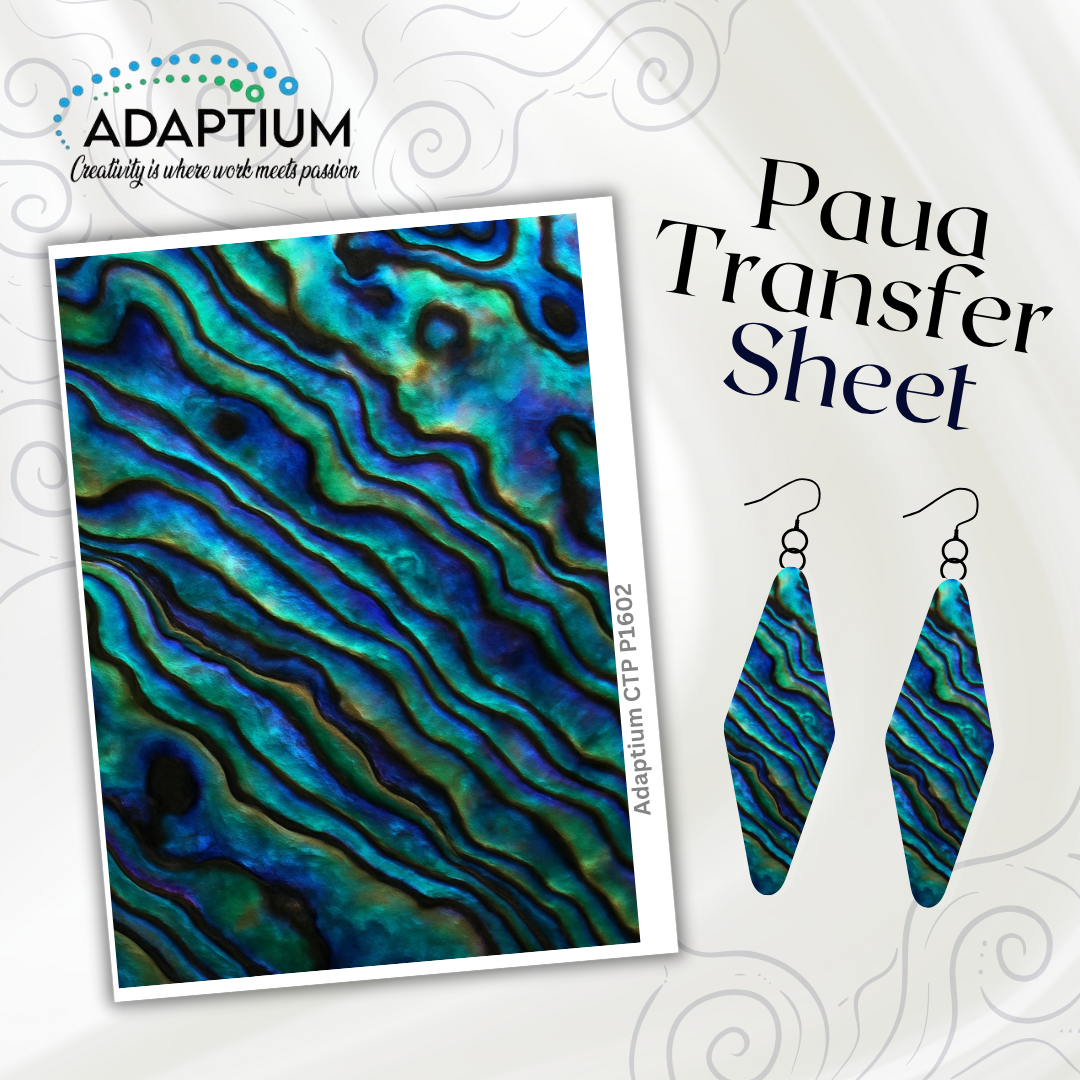 Clay transfer paper with a print that mimics the iridescent blue-green hues of natural Paua (Abalone) shell