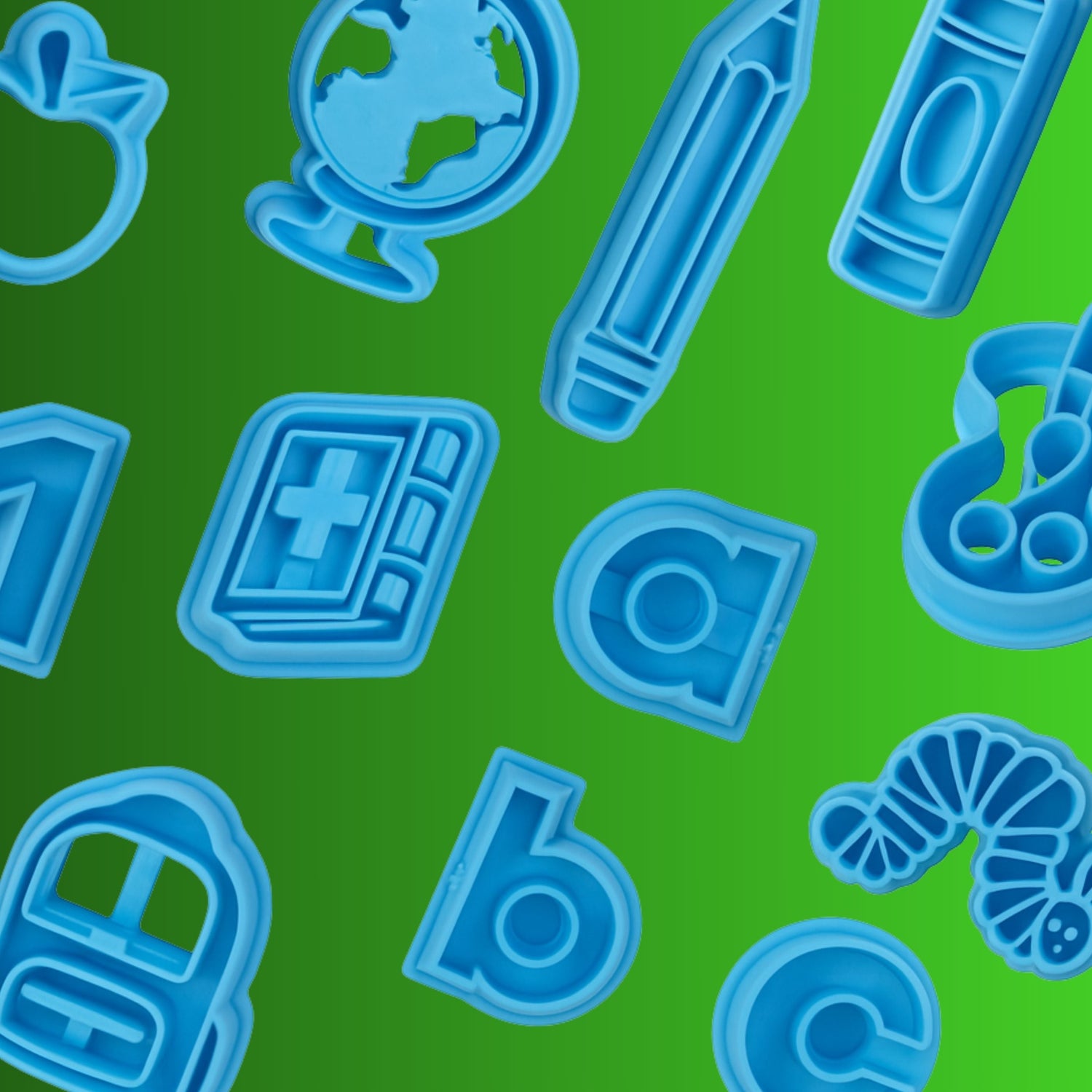 Back-to-school themed blue polymer clay cutters featuring shapes like an apple, globe, pencil, crayon, scissors, book, backpack, numbers, letters, and a caterpillar. Displayed on a green gradient background
