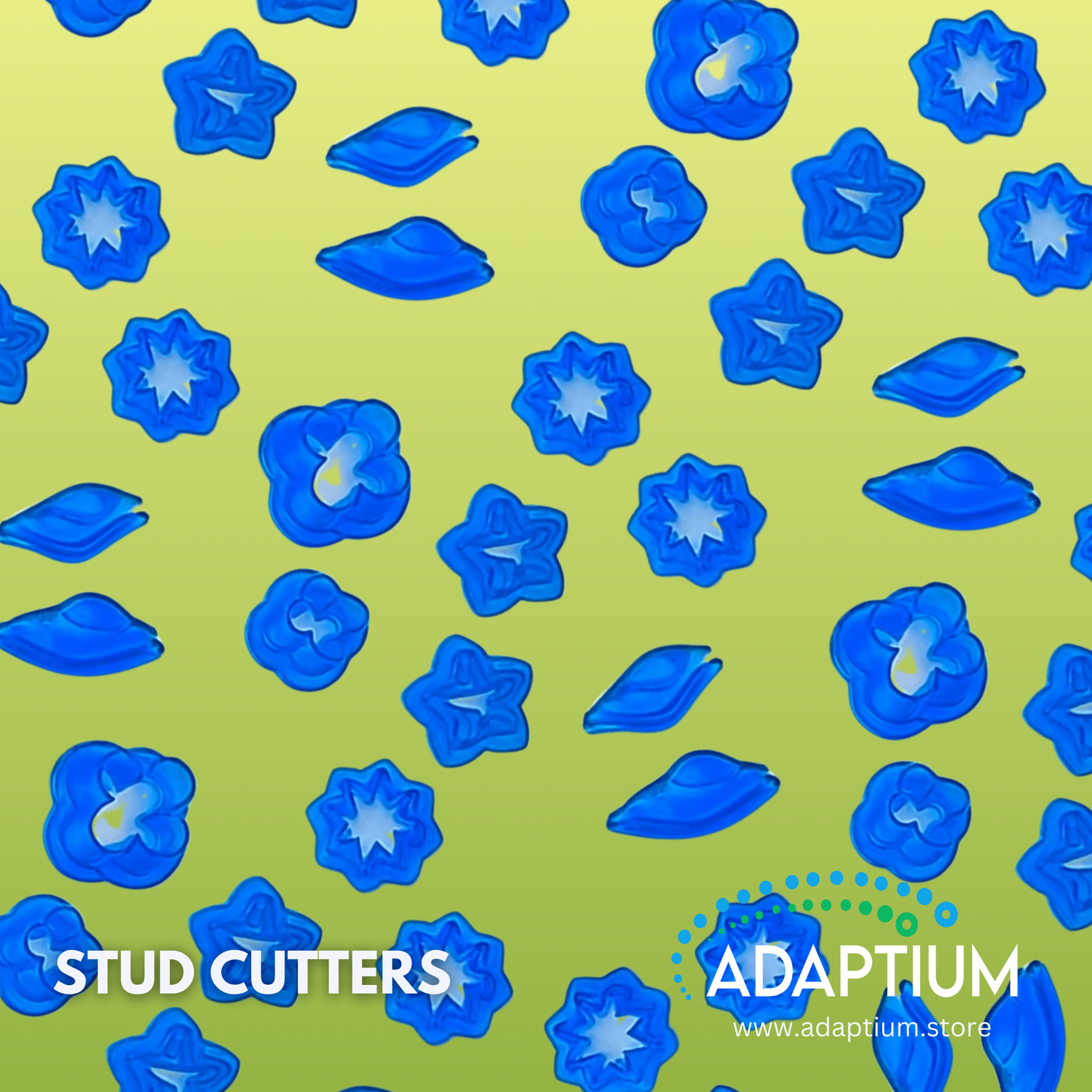 Blue polymer clay stud cutters in assorted floral and leaf shapes displayed on a light green background, with the Adaptum logo and text 'STUD CUTTERS' and website www.adaptium.store  at the bottom.