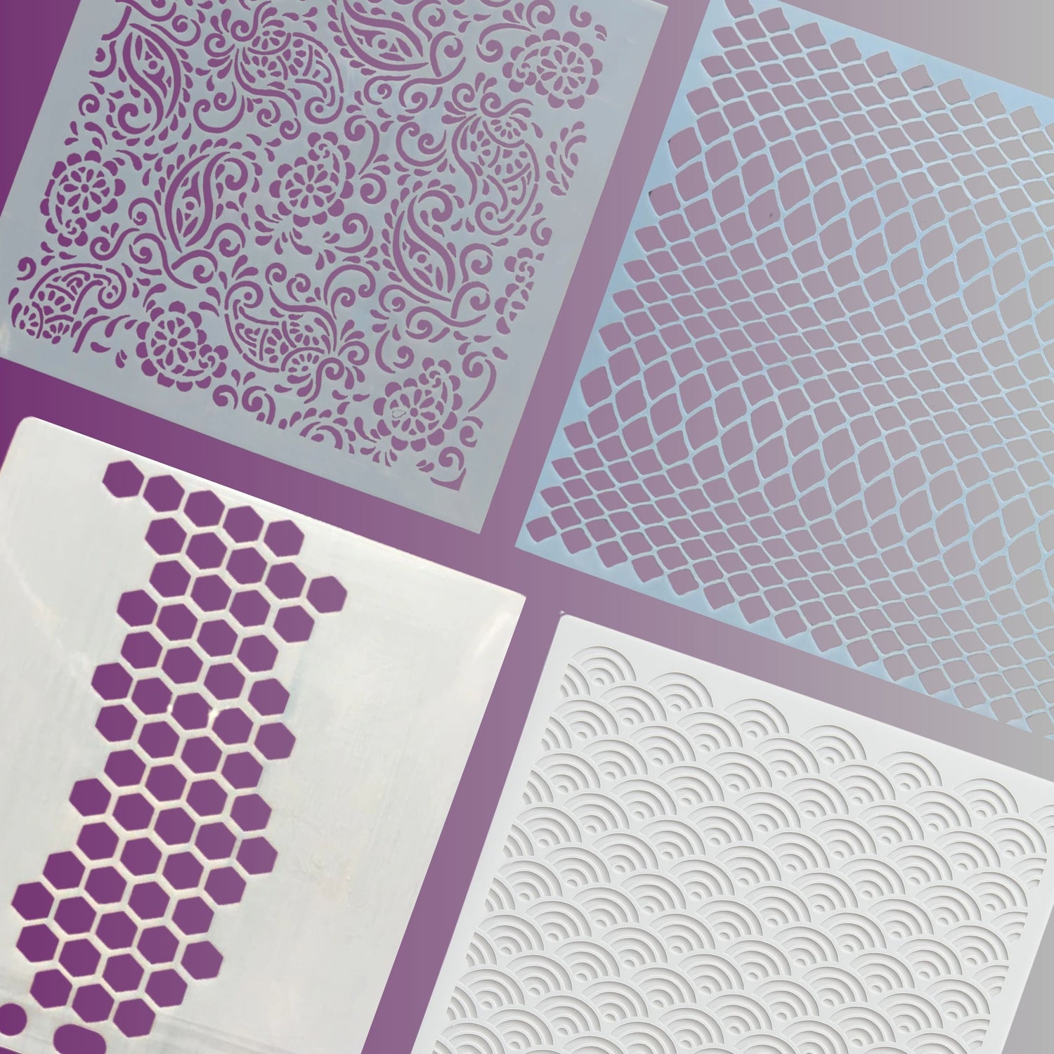 Four different stencils with intricate patterns, including floral, honeycomb, wave, and mesh designs, arranged on a purple gradient background.