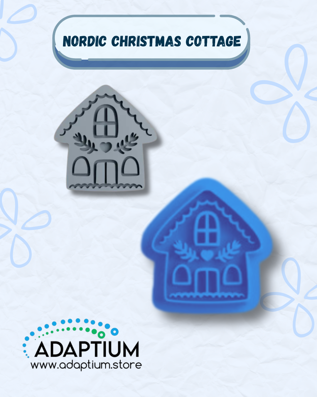 Nordic Christmas Cottage Embossing Cutter for polymer clay, sharp resin cutter with embossed Nordic Christmas design, made in New Zealand