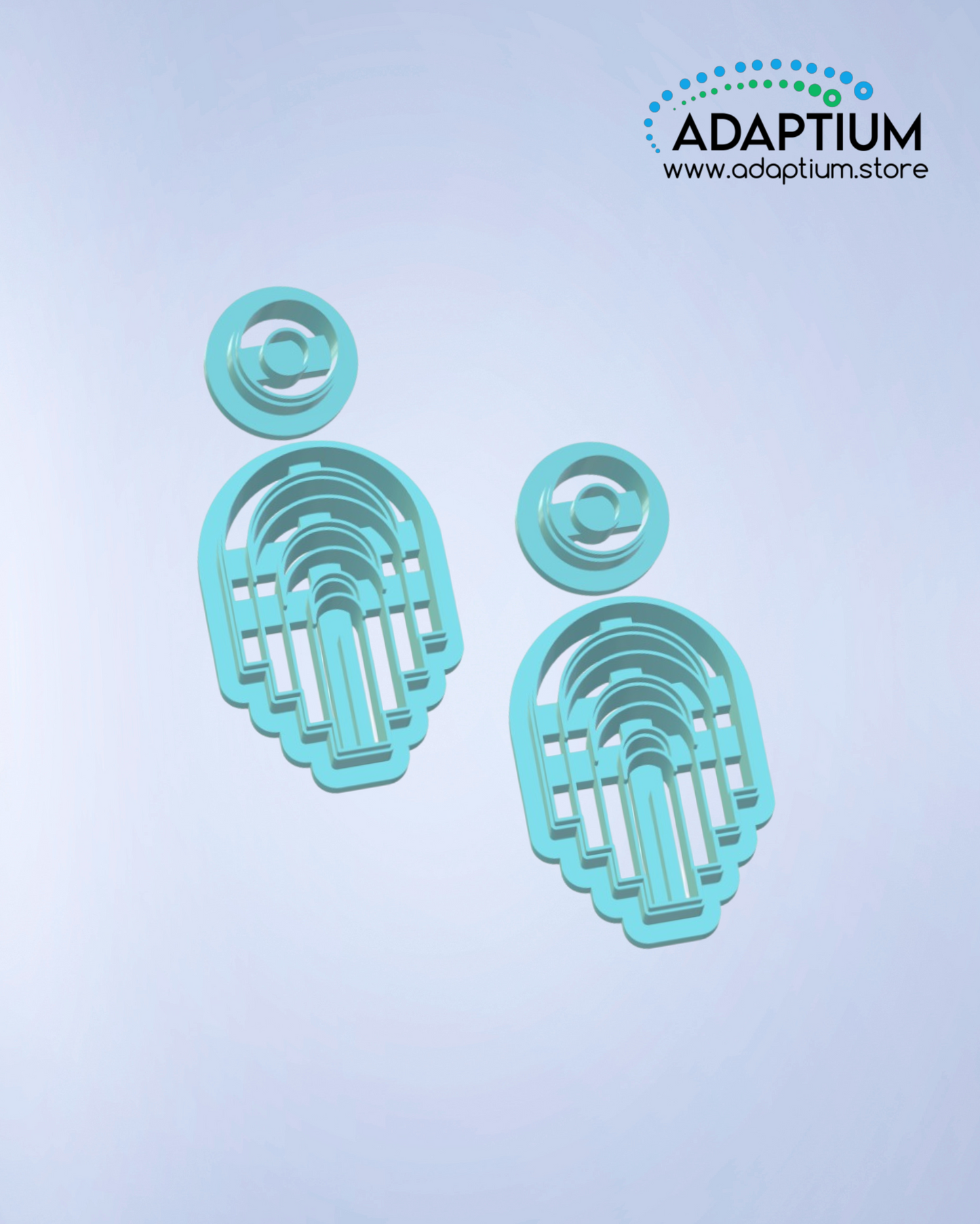 Pair of turquoise polymer clay cutters designed for making layered earrings, featuring stacked arch shapes with scalloped edges and circular connectors. Displayed on a soft gradient background