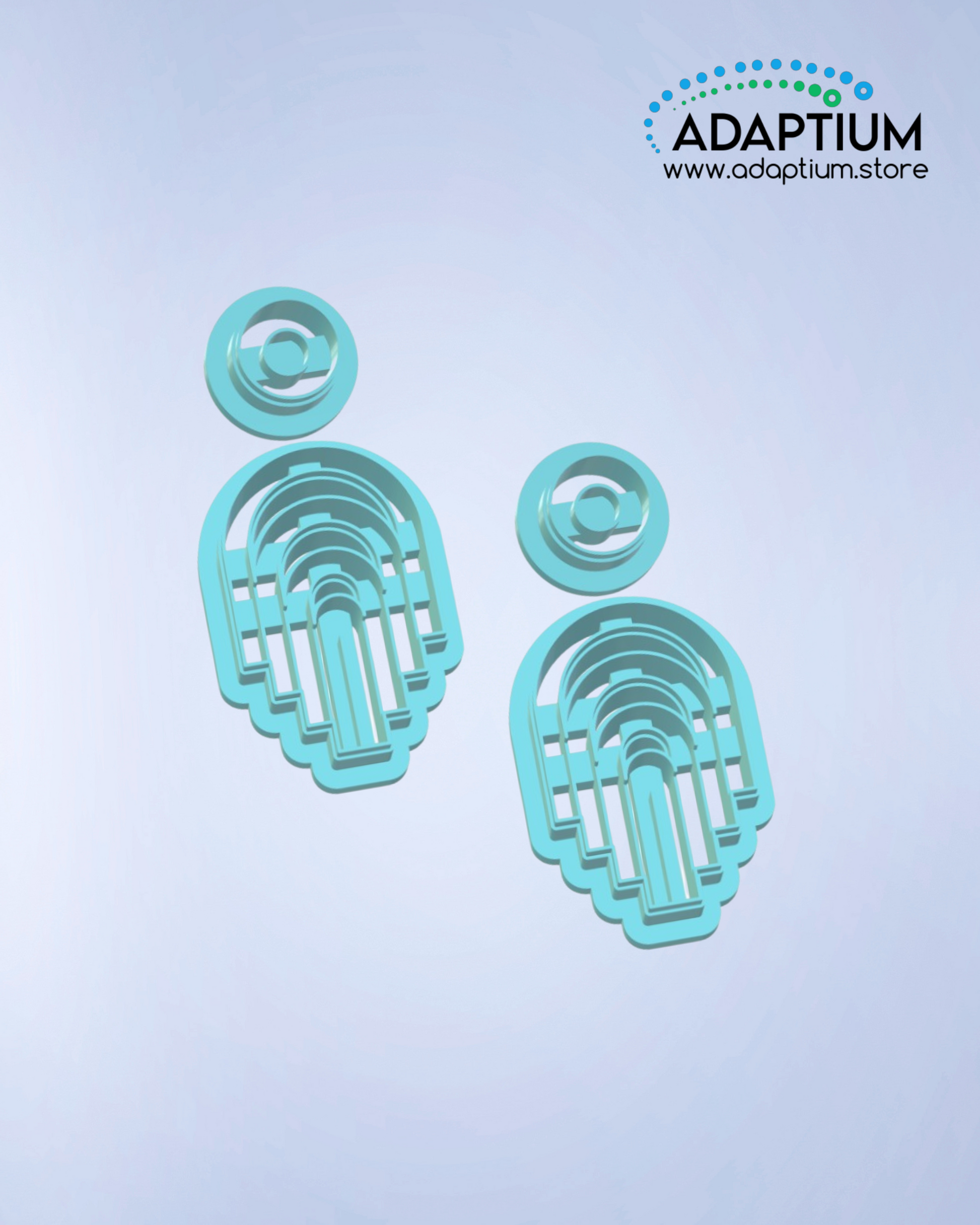 Pair of turquoise polymer clay cutters designed for making layered earrings, featuring stacked arch shapes with scalloped edges and circular connectors. Displayed on a soft gradient background
