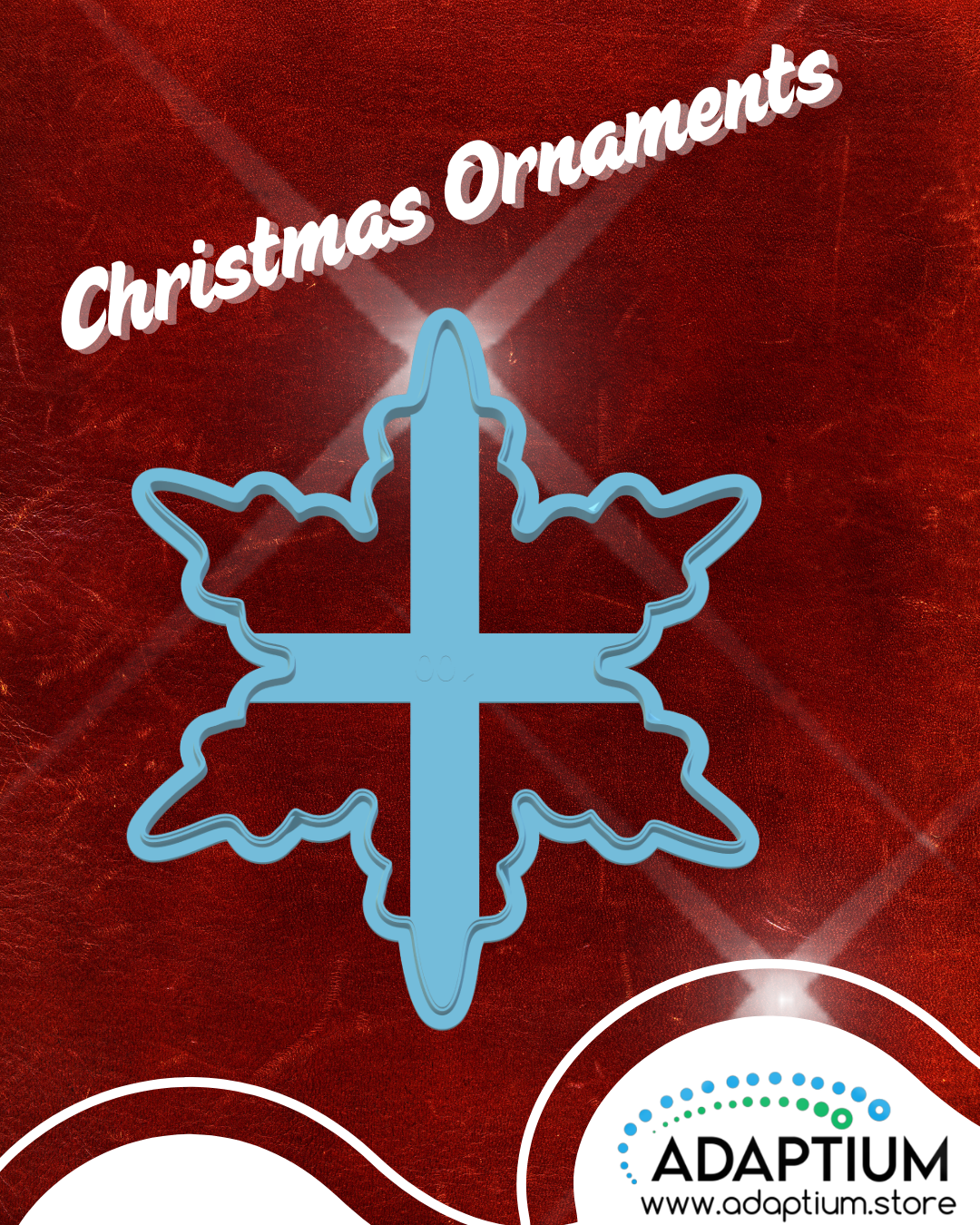 Blue star-shaped clay/cookie cutter on a red background with 'Christmas Ornaments' text and Adaptium logo.