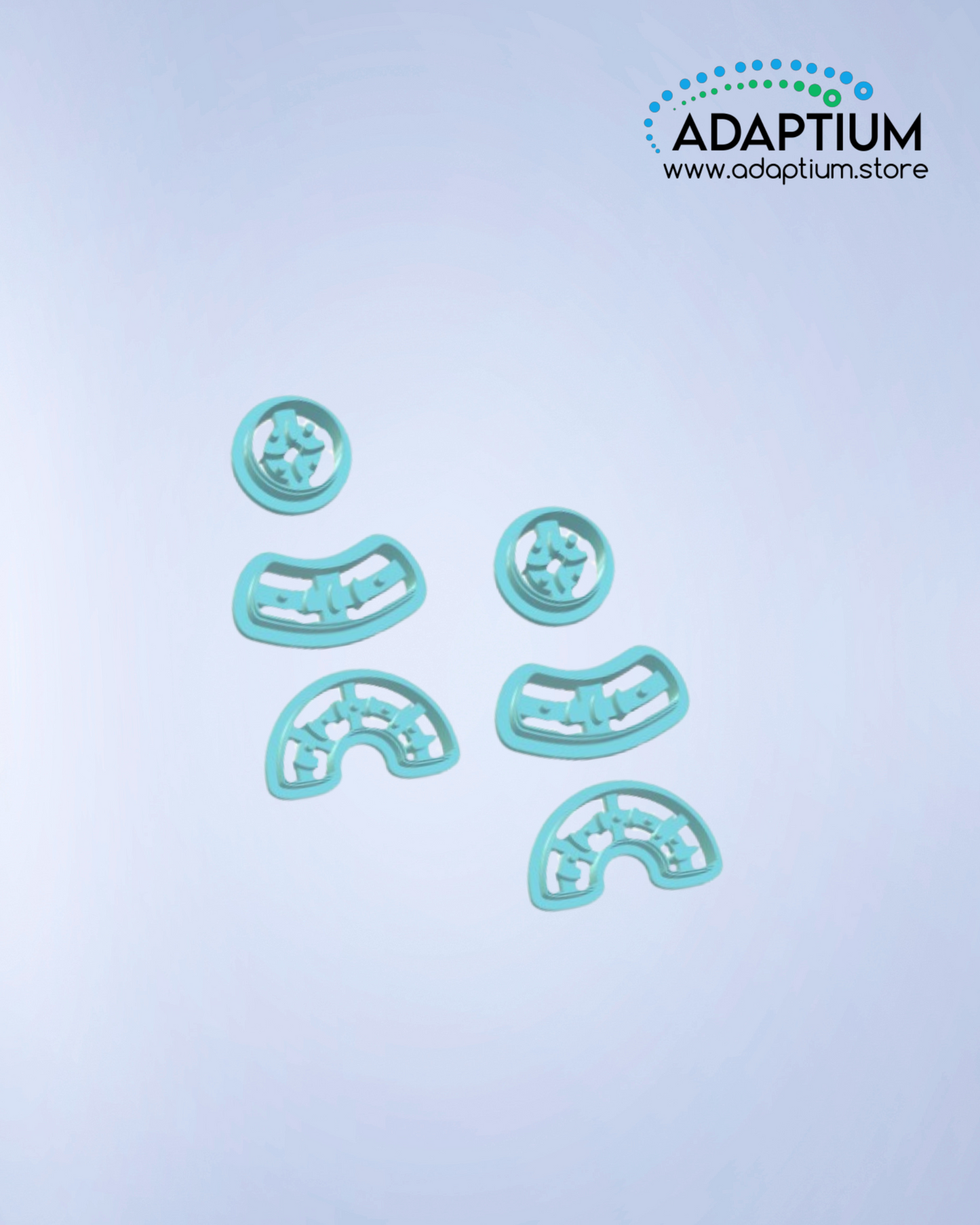 Set of blue polymer clay cutters in various rounded and curved shapes, designed for crafting and shaping clay pieces, displayed on a light blue background