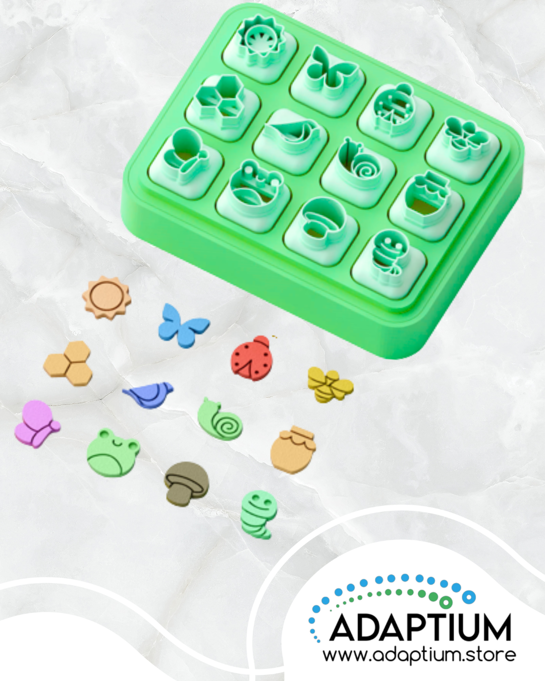 Green base with various shaped cavities on a white background, featuring the Adaptium brand.