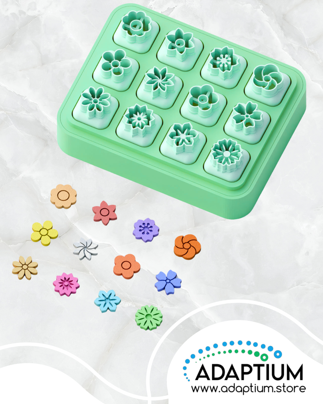 blue resin flower cutters-on a green shaped base that holds cutters on a white background, featuring the brand 'Adaptium'.
