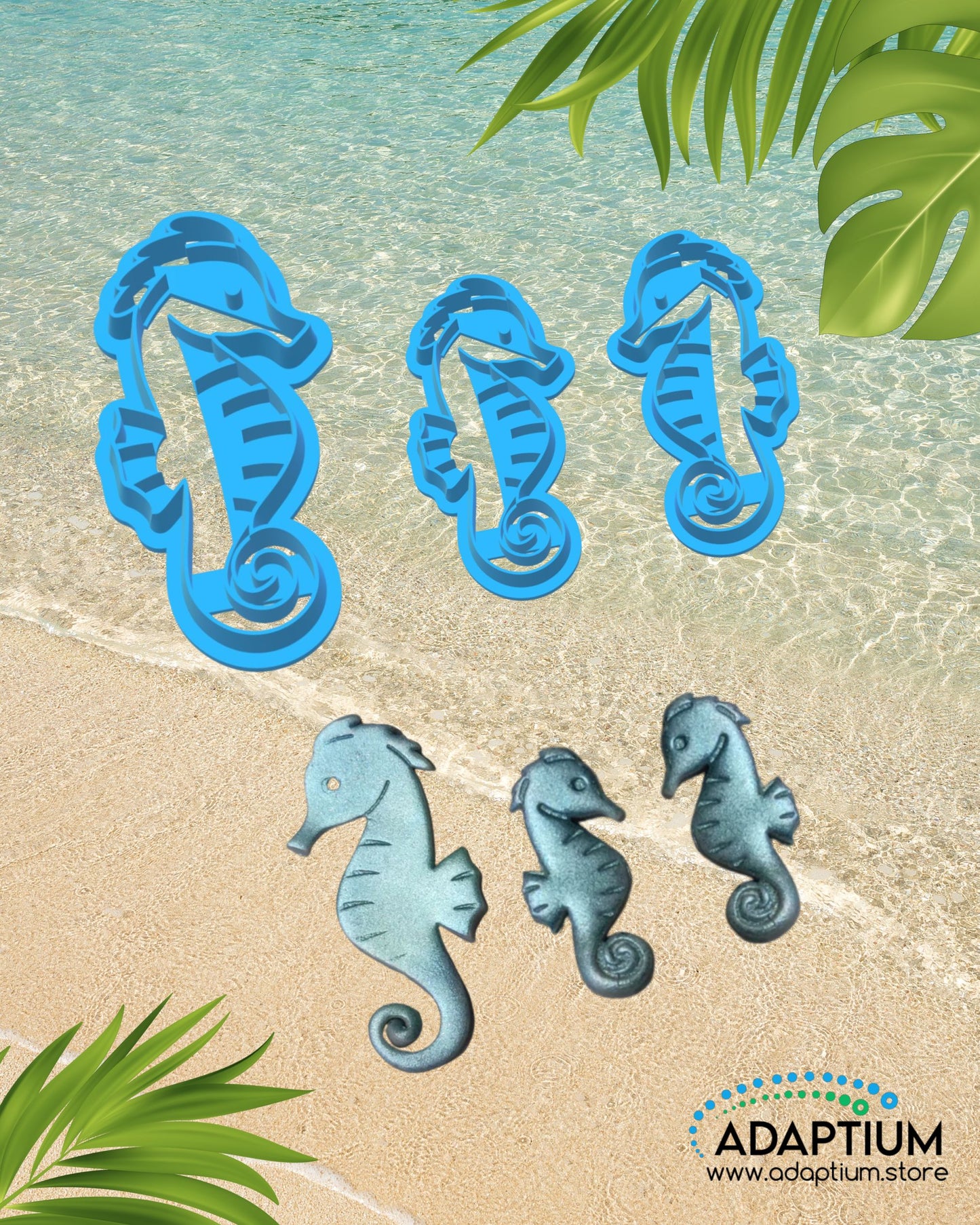 Seahorse shaped polymer clay cutter with clay samples placed on sandy beach background with ocean water and tropical leaves.