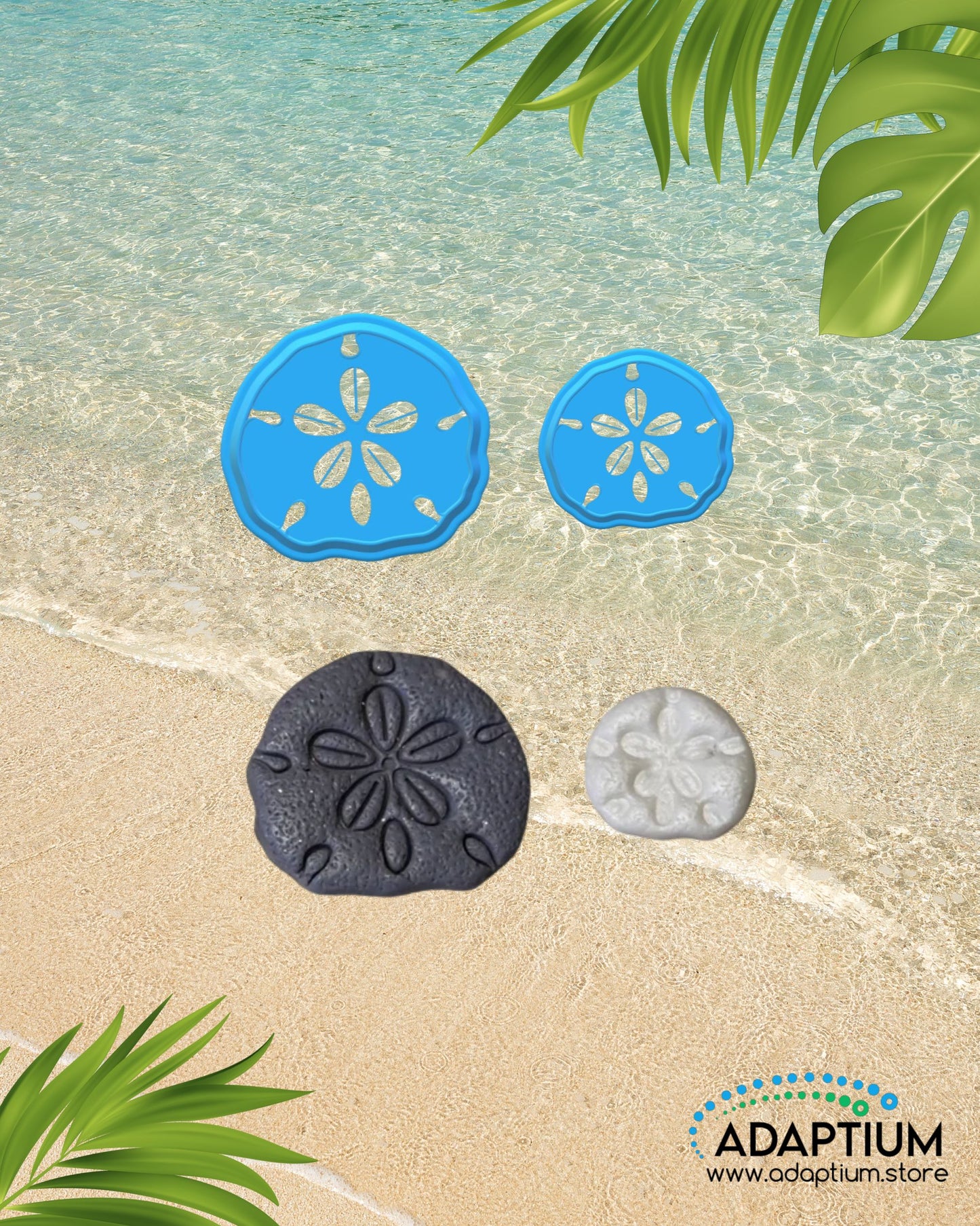 Sand dollar shaped polymer clay cutter with clay sample placed on sandy beach background with ocean water and tropical leaves.