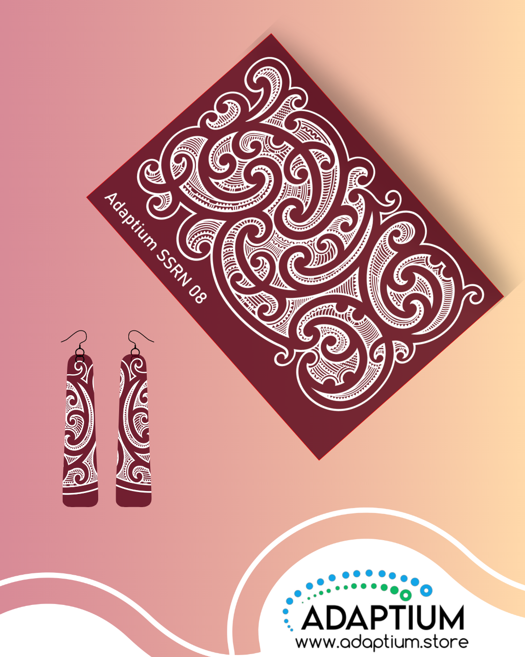 how a  silkscreen has been used showing a white Māori inspired design of flowing koru on a burgundy red clay slab with earrings a finished product