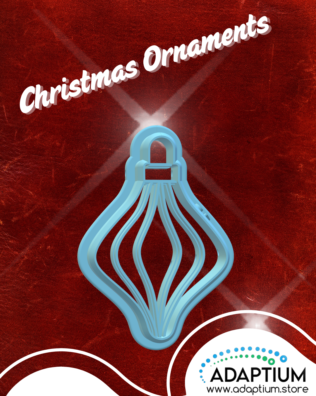 Blue Christmas ornament cutter on a red background with 'Adaptium' branding.
