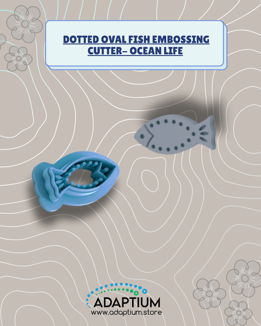 Dotted oval fish embossing cutter for polymer clay, with a defined tail and dotted border.