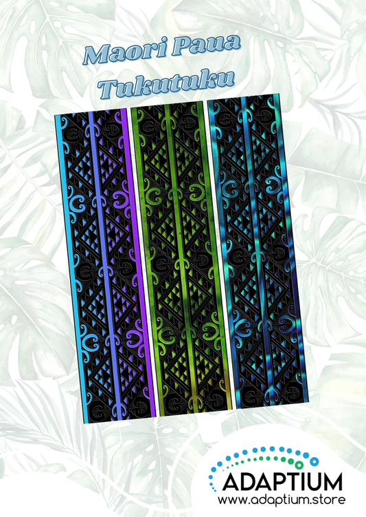 Three striped Māori Tukutuku inspired patterns in black, green, and blue on a white background with 'Adaptium' branding.