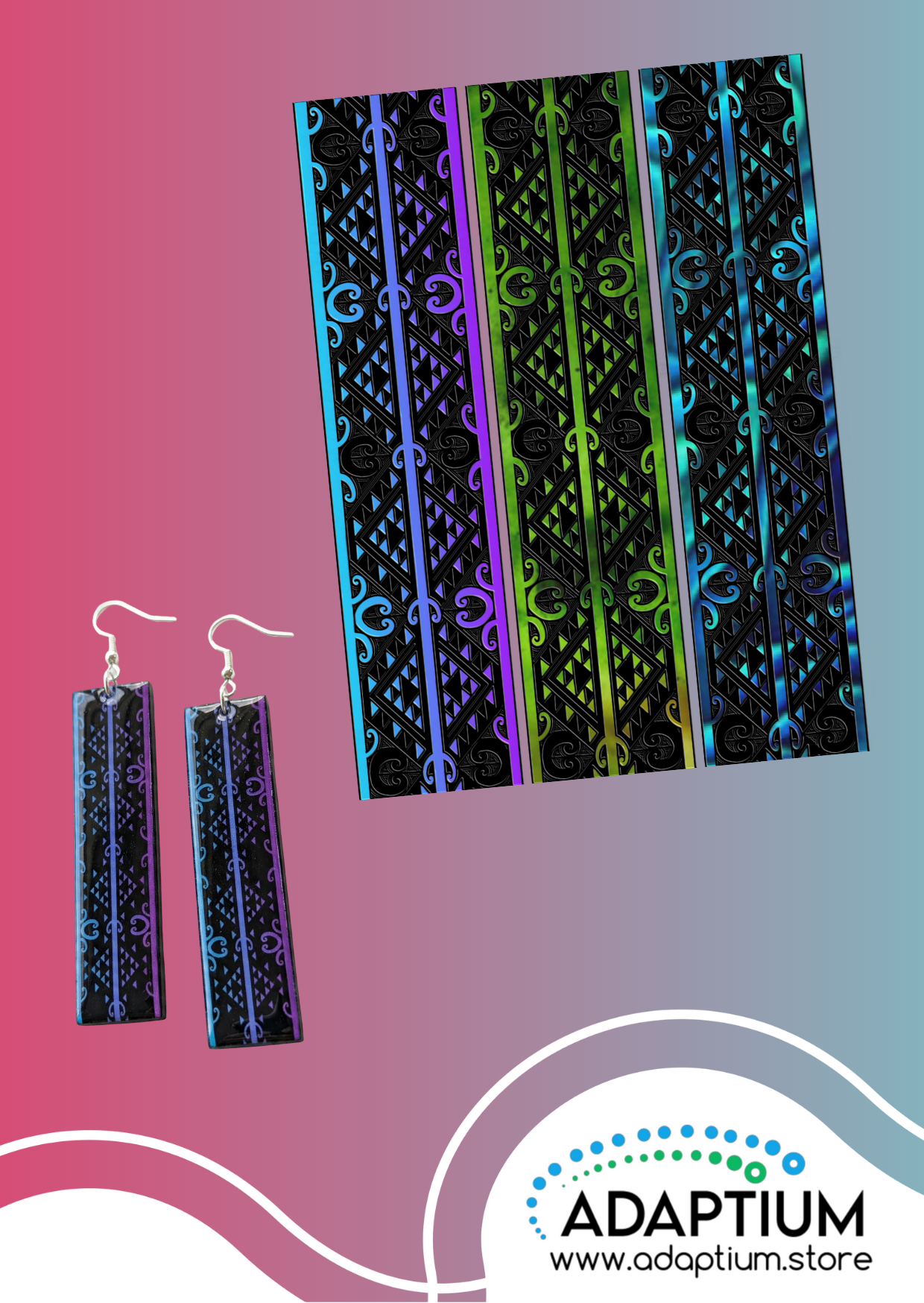 Māori tukutuku design with colourful background Pair of earrings with colorful striped design on a gradient background, featuring the brand 'Adaptium'.