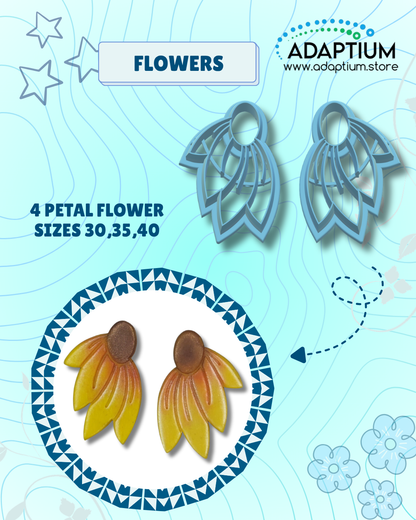 Floral-shaped polymer clay cutters with a finished example of baked & painted clay. 'Adaptium' branding on a decorative background.