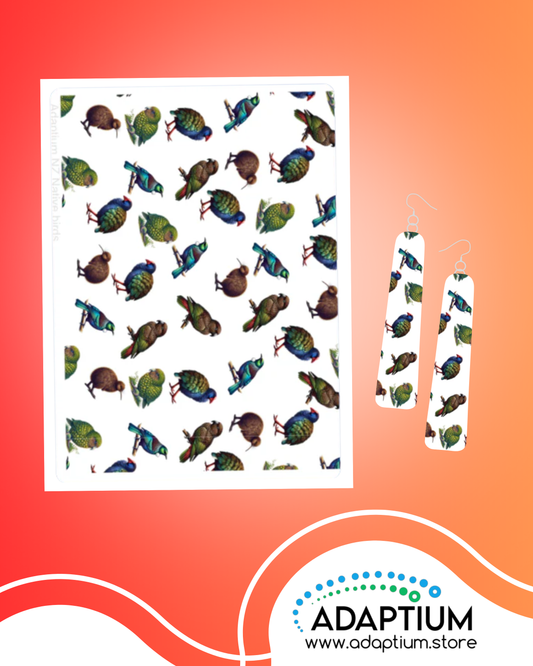 Polymer clay transfer sheet and earrings featuring colorful New Zealand bird patterns on a white background, displayed with Adaptium branding.
