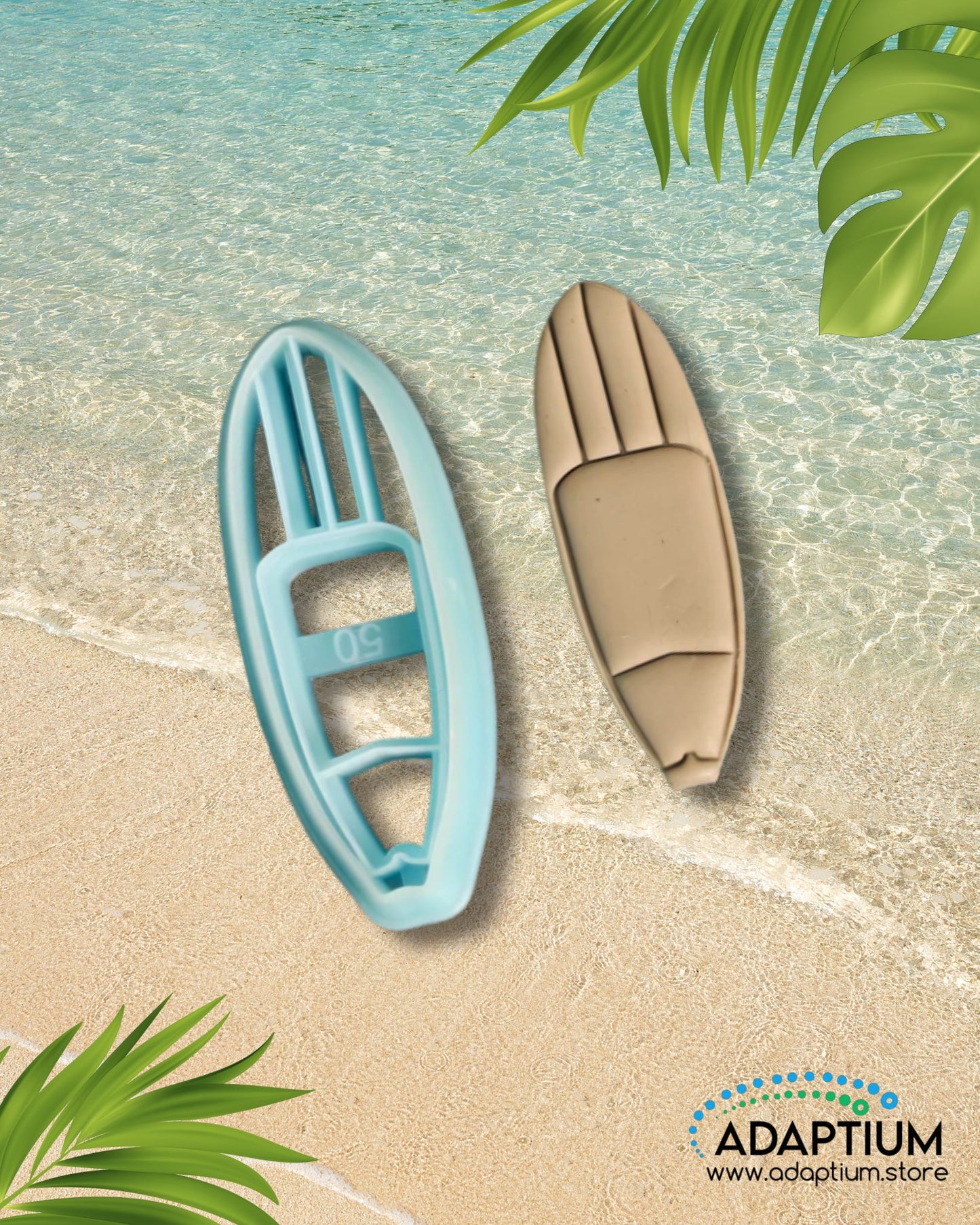 Blue surfboard-shaped polymer clay cutter with matching tan clay surfboard piece displayed on a beach background with tropical leaves.