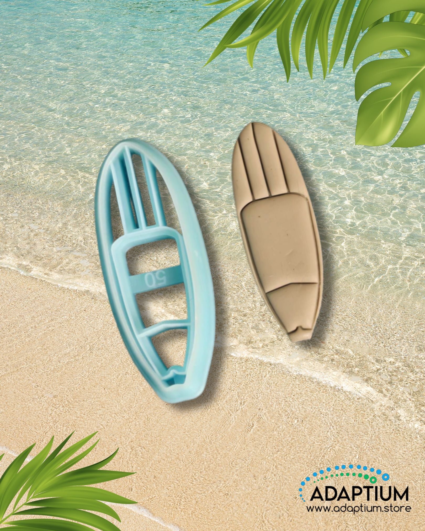 Blue surfboard-shaped polymer clay cutter with matching tan clay surfboard piece displayed on a beach background with tropical leaves.