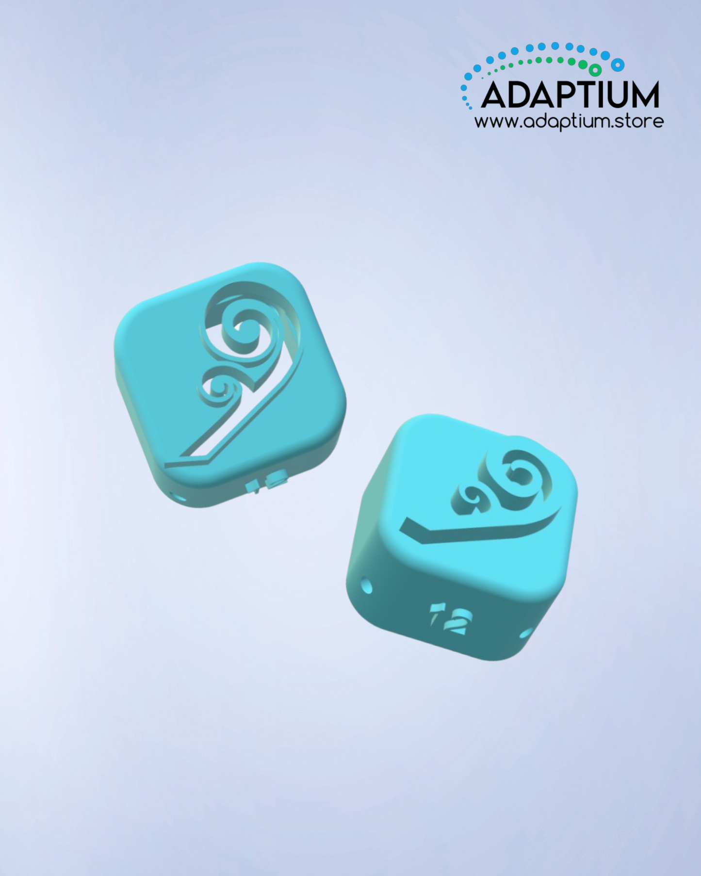 Two square turquoise polymer clay cutters featuring a stylized koru swirl design inspired by Māori art, representing new beginnings. Displayed on a soft gradient background 
