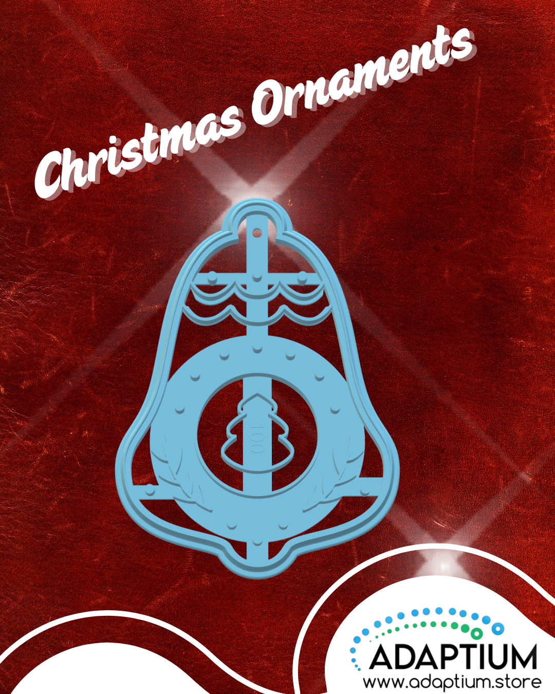 Blue Christmas bell ornament cutter for polymer clay or cookie cutter . With embossed details of a christmas tree design on a red background with 'Adaptium' branding.