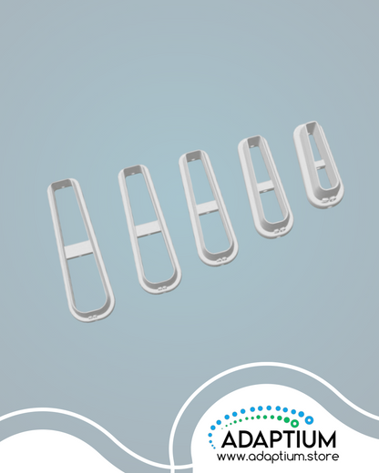 Set of five elongated rectangular polymer clay cutters in white, arranged from largest to smallest, displayed on a light grey background with the Adaptum logo at the bottom right.