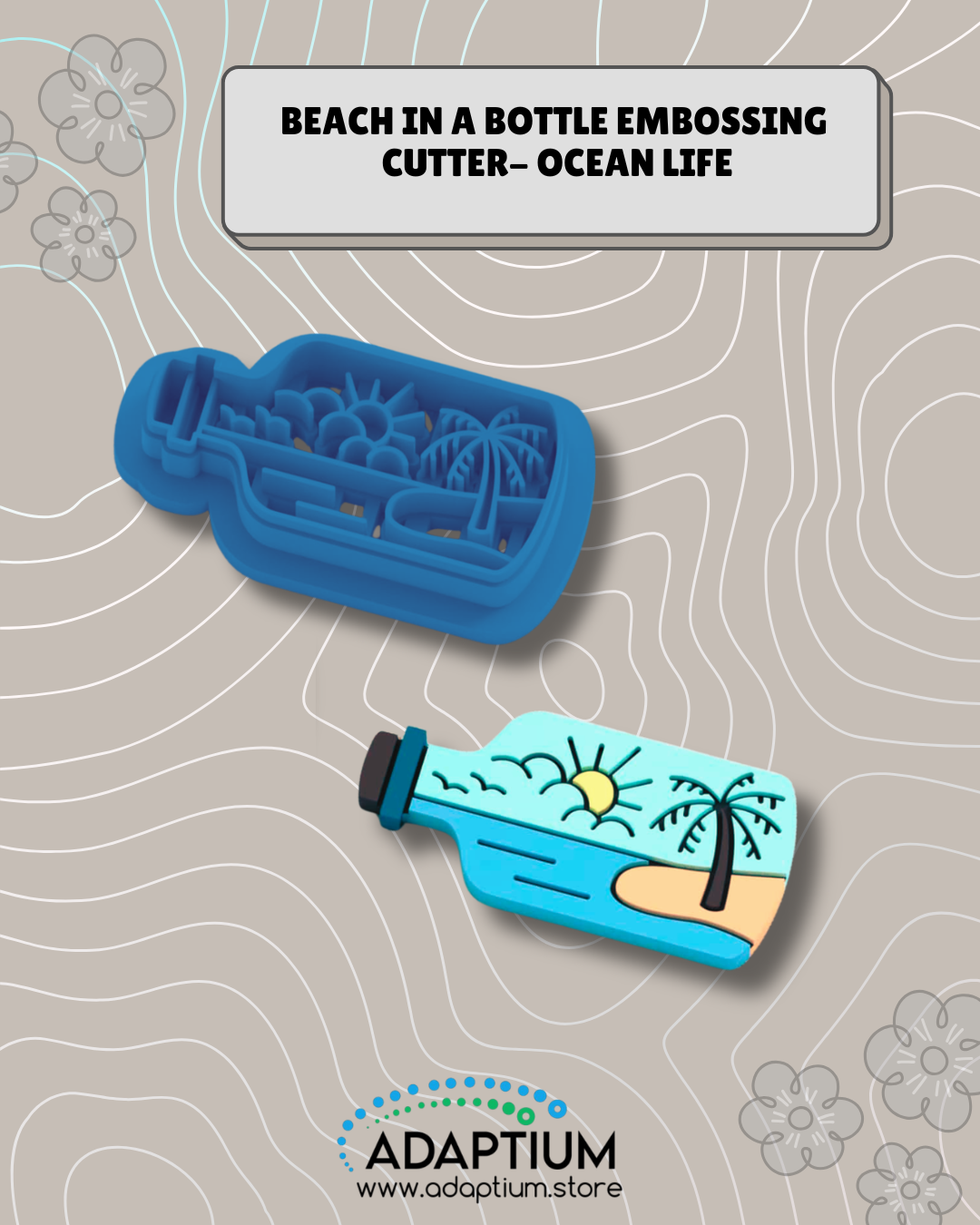 Blue resin bottle-shaped embossing cutter beside a coloured clay beach scene with sun, sea and palm tree.