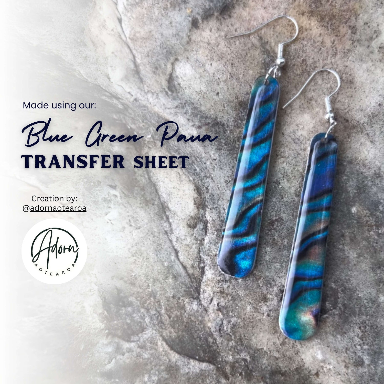 Pair of dangle earrings featuring a Paua Blue Green print, created using our Paua Blue Green transfer sheets.