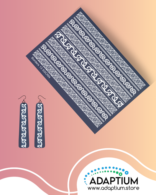 shows a  silkscreen has been used to get a multiple white Māori border designs of flowing koru, Mangopare, puhoro blue clay slab with earrings a finished product