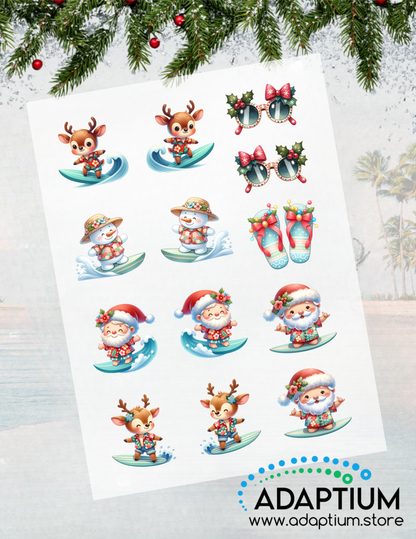 Sheet of Christmas-themed water transfer featuring reindeer, Santa Claus, and snowmen surfing on a white background with Adaptium branding.