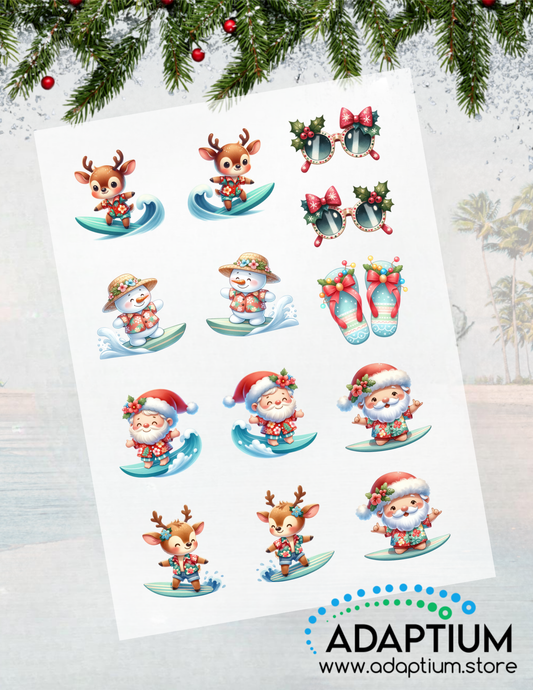 Sheet of Christmas-themed water transfer featuring reindeer, Santa Claus, and snowmen surfing on a white background with Adaptium branding.