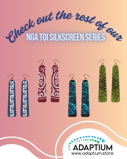 Shows finished product of multiple colours of  trapezoid polymer clay earrings that have been made with Maori silkscreen designs 