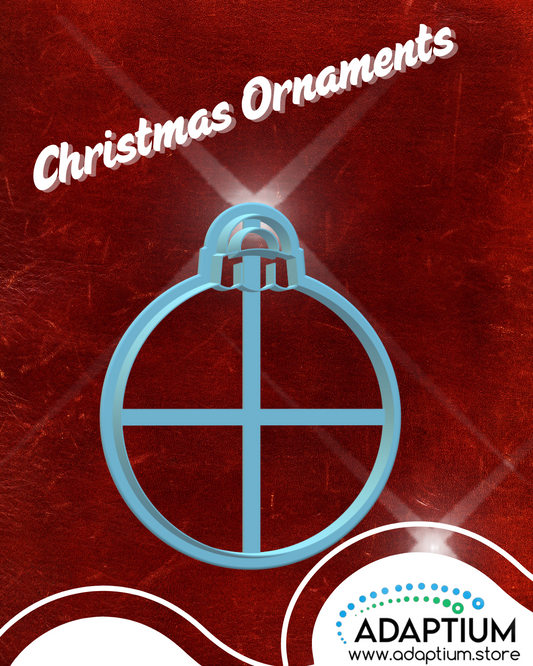 A light blue Christmas ornament-shaped item centered on a textured dark red background with the words 'Christmas Ornaments' at the top and an Adaptium logo at the bottom right.