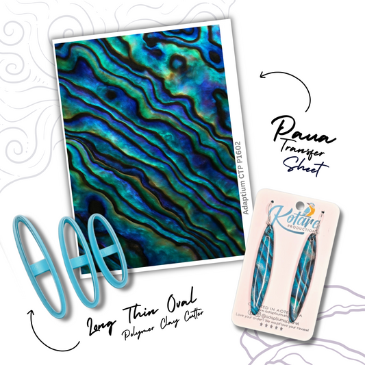 Paua transfer sheet with long thin oval cutter on a white background & a display of combined finished products