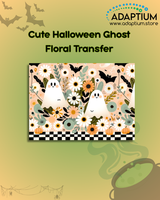 A Halloween-themed floral transfer design preview with two cute white ghosts among flowers, shown on a yellow-green background with the text 'Cute Halloween Ghost Floral Transfer' and the Adaptium logo.