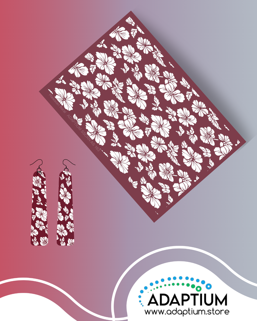 Hawaiian floral polymer clay silkscreen with hibiscus flower pattern in bold tropical style.