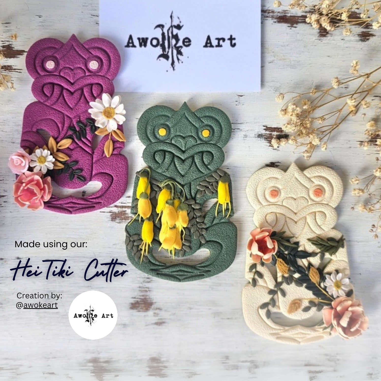 Hei Tiki polymer clay creations in magenta, green, and cream, adorned with various flowers and made using our Hei Tiki Polymer Clay Cutter.